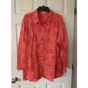 Hawaiian Floral Linen Button Down Tunic Women's Plus Size 24 Orange and Red